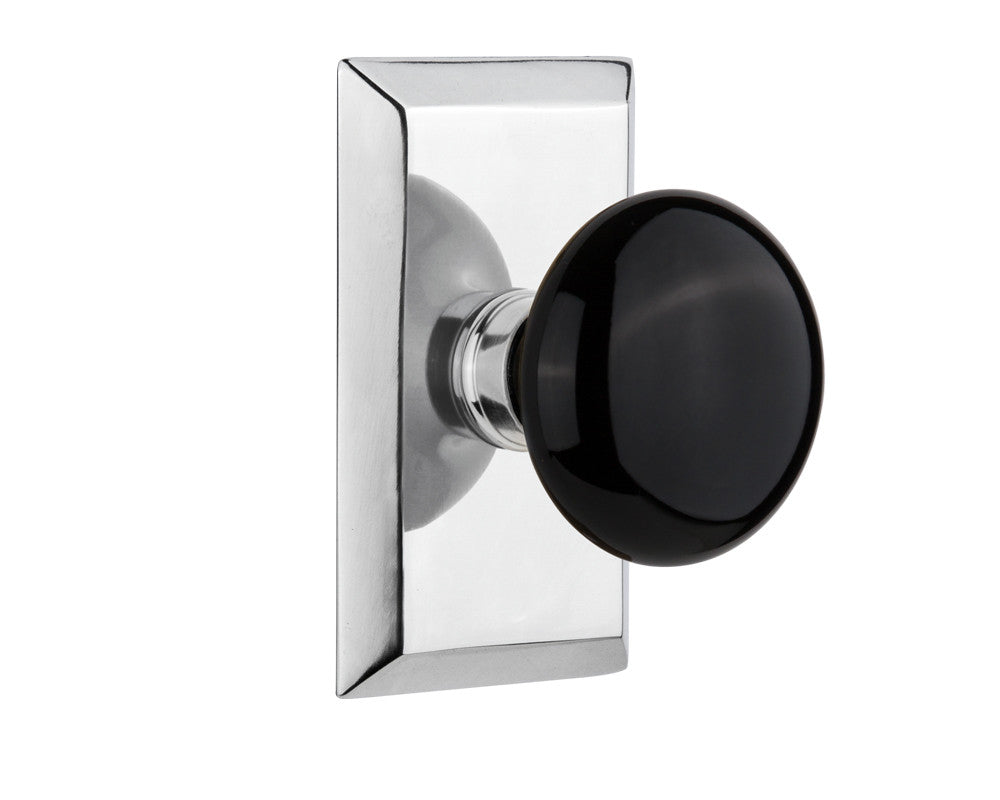 Nostalgic 713477: Studio Backplate w/Black Porcelain Knob Single Dummy Door Set - Bright Chrome