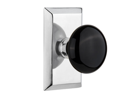 Nostalgic 713477: Studio Backplate w/Black Porcelain Knob Single Dummy Door Set - Bright Chrome