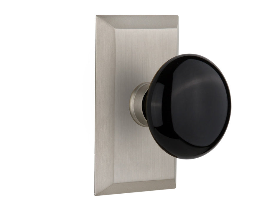 Nostalgic 713480: Studio Backplate w/Black Porcelain Knob Single Dummy Door Set - Satin Nickel
