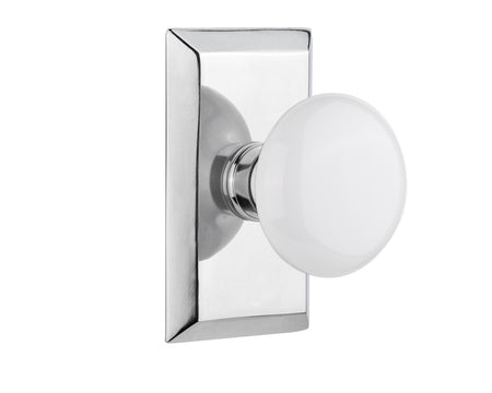 Nostalgic 713491: Studio Backplate w/White Porcelain Knob Single Dummy Door Set - Bright Chrome