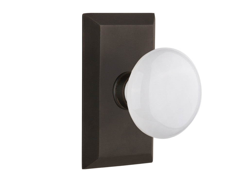 Nostalgic 713492: Studio Backplate w/White Porcelain Knob Single Dummy Door Set - Oil-Rubbed Bronze