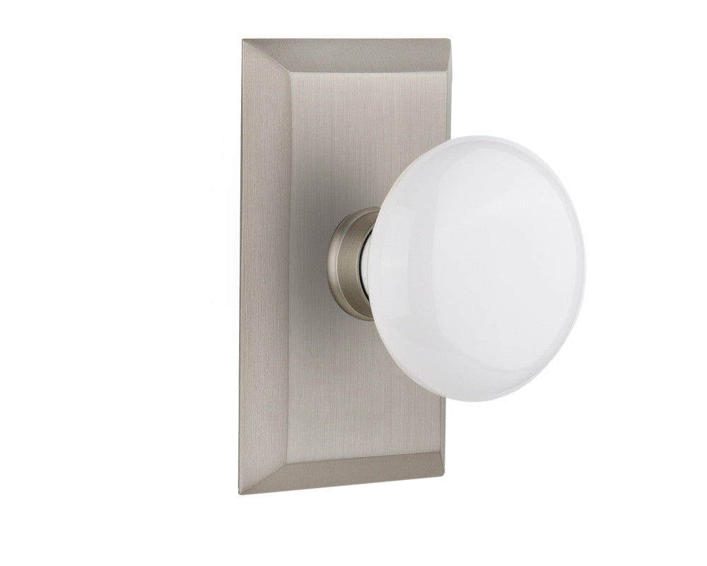 Nostalgic 713494: Studio Backplate w/White Porcelain Knob Single Dummy Door Set - Satin Nickel