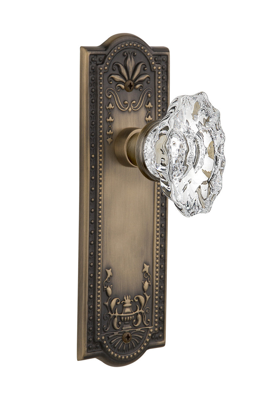 Nostalgic 713634: Meadows Backplate w/Chateau Knob Passage Door Set - Antique Brass