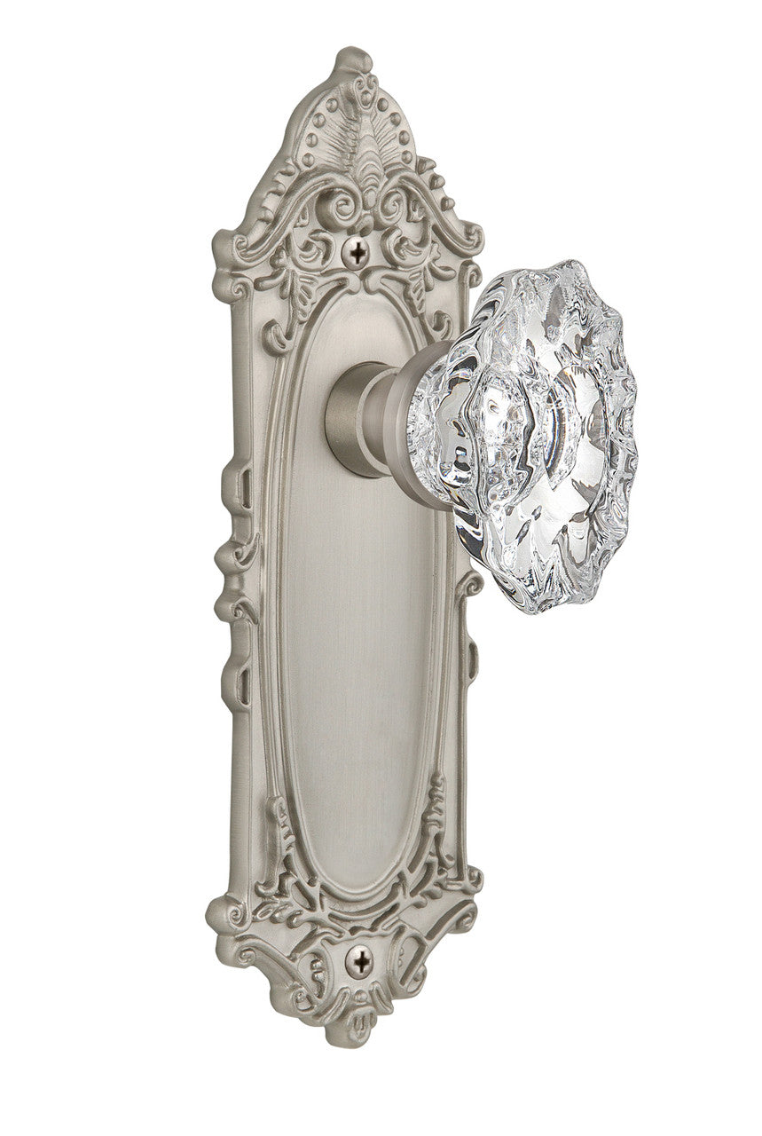 Nostalgic 713664: Victorian Backplate w/Chateau Knob Passage Door Set - Satin Nickel