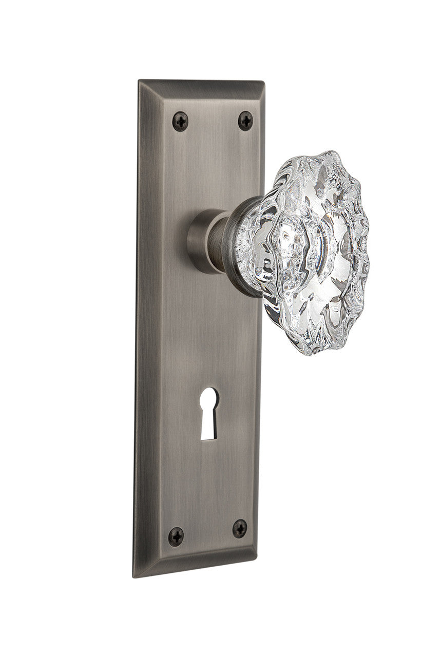Nostalgic 713689: New York Backplate w/Chateau Knob Passage Door Set - Antique Pewter