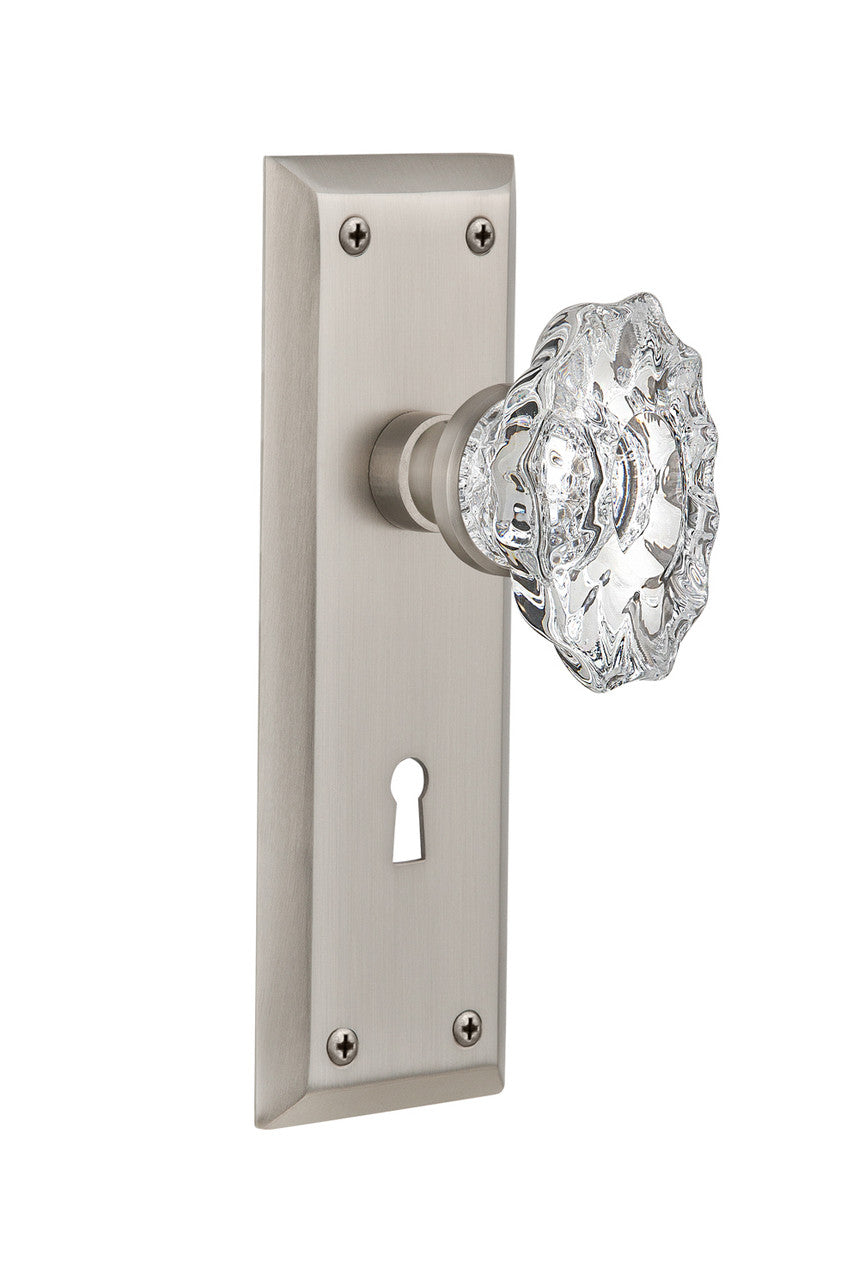 Nostalgic 713693: New York Backplate w/Chateau Knob Passage Door Set - Satin Nickel