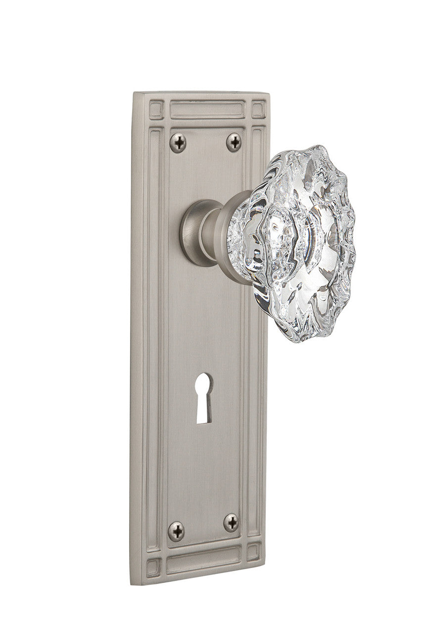 Nostalgic 713709: Mission Backplate w/Chateau Knob Passage Door Set - Satin Nickel