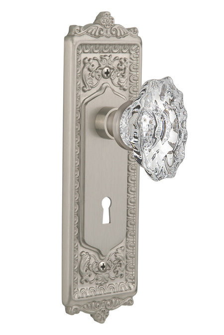 Nostalgic 713779: Egg & Dart Backplate w/Chateau Knob Single Dummy Door Set - Satin Nickel