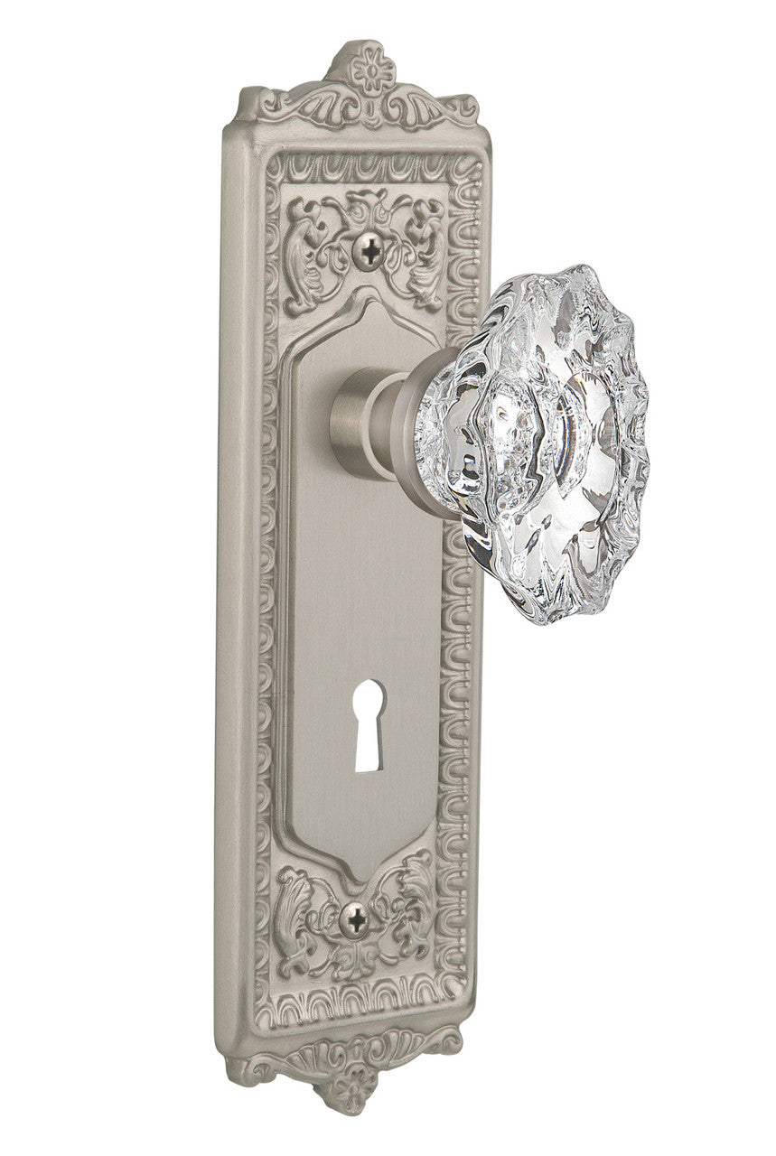 Nostalgic 713779: Egg & Dart Backplate w/Chateau Knob Single Dummy Door Set - Satin Nickel