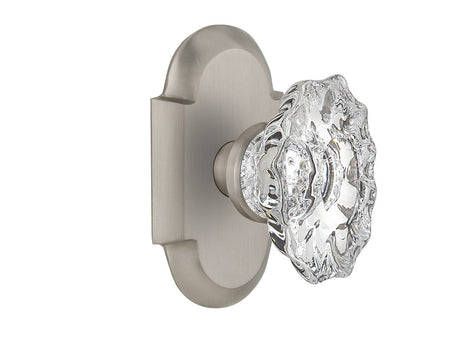 Nostalgic 713924: Cottage Backplate w/Chateau Knob Privacy Door Set - Satin Nickel