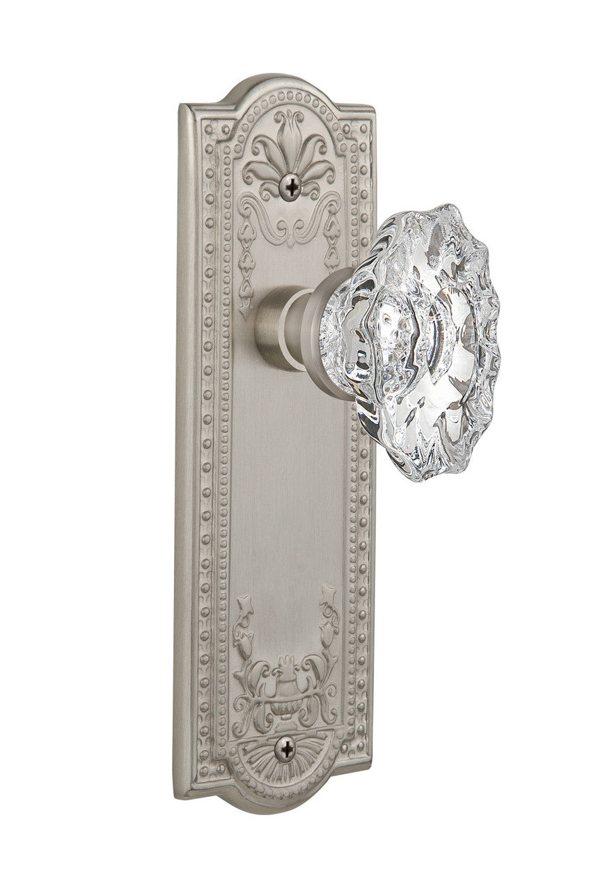 Nostalgic 713935: Meadows Backplate w/Chateau Knob Privacy Door Set - Satin Nickel