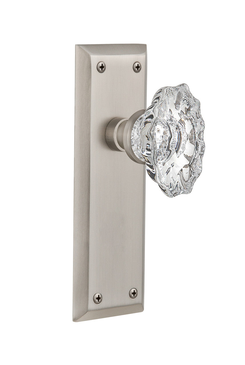 Nostalgic 713942: New York Backplate w/Chateau Knob Privacy Door Set - Satin Nickel