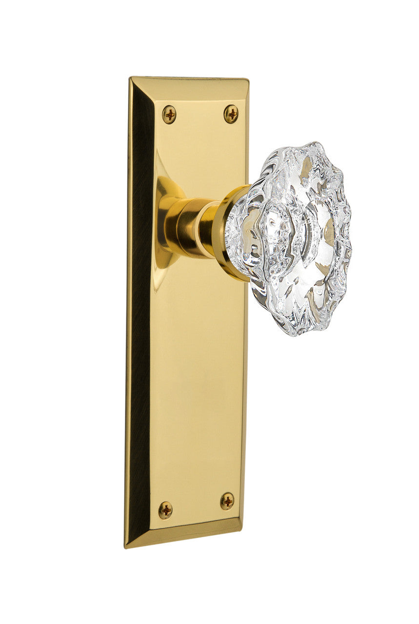 Nostalgic 713943: New York Backplate w/Chateau Knob Privacy Door Set - Unlacquered Brass