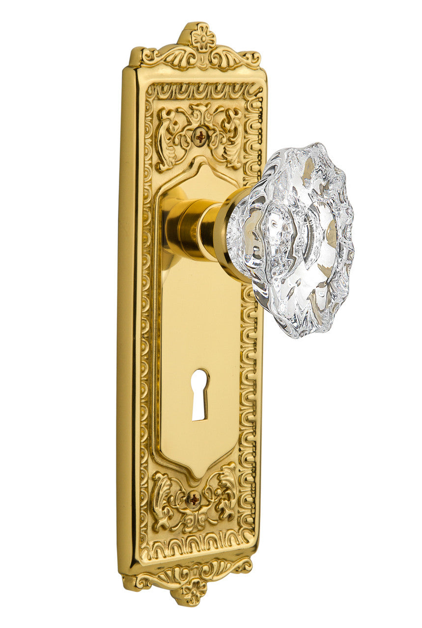 Nostalgic 713978: Egg & Dart Backplate w/Chateau Knob Privacy Door Set - Unlacquered Brass