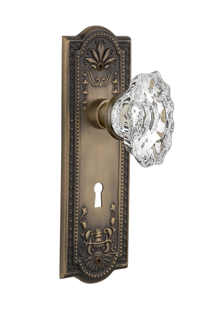 Nostalgic 713979: Meadows Backplate w/Chateau Knob Privacy Door Set - Antique Brass