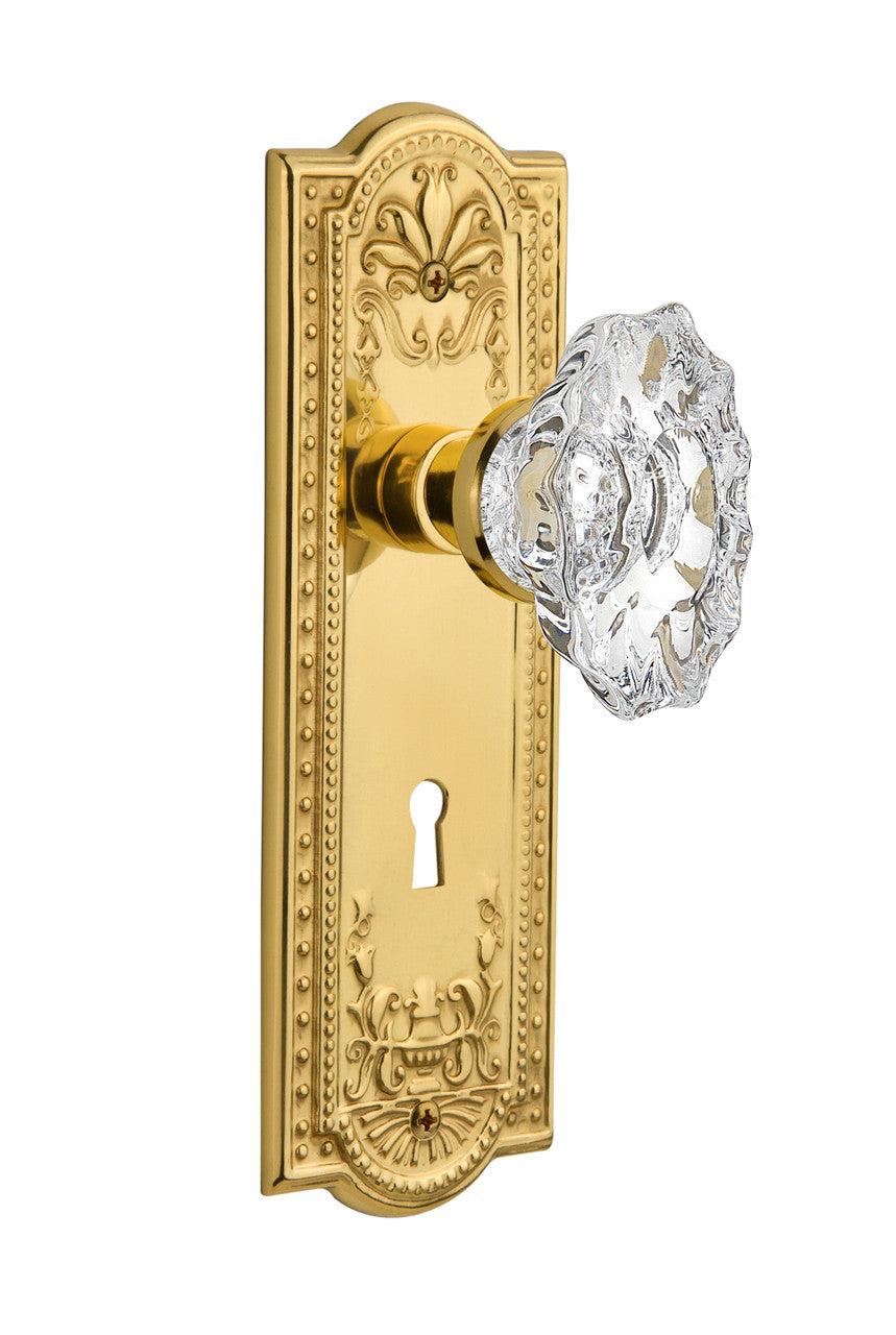 Nostalgic 713982: Meadows Backplate w/Chateau Knob Privacy Door Set - Polished Brass