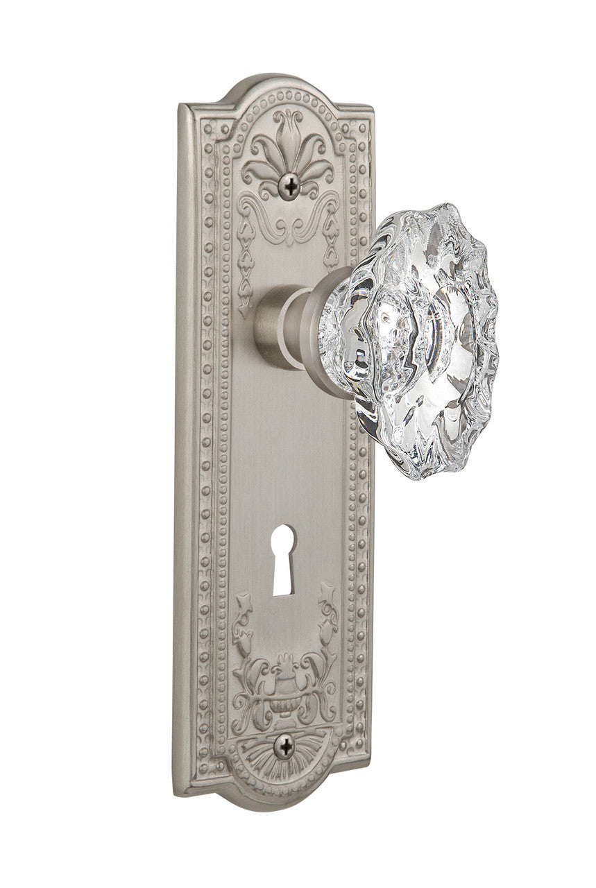 Nostalgic 713983: Meadows Backplate w/Chateau Knob Privacy Door Set - Satin Nickel