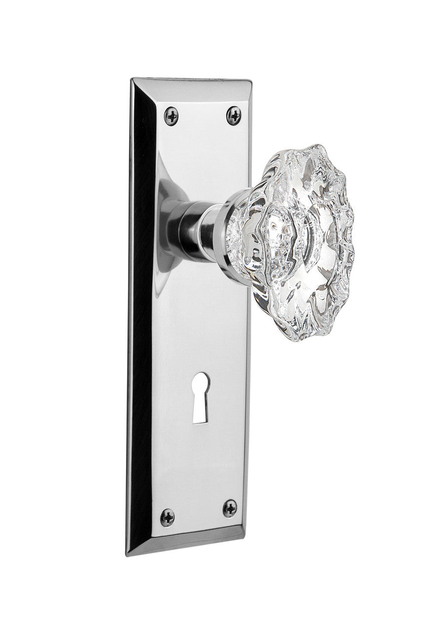 Nostalgic 713987: New York Backplate w/Chateau Knob Privacy Door Set - Bright Chrome