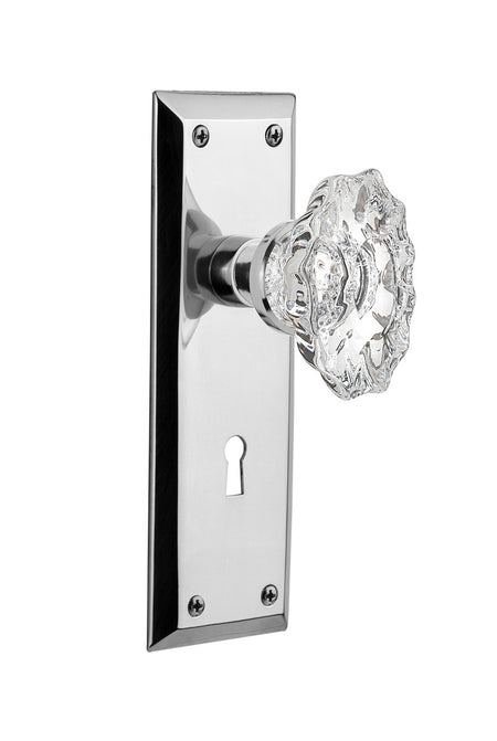 Nostalgic 713987: New York Backplate w/Chateau Knob Privacy Door Set - Bright Chrome