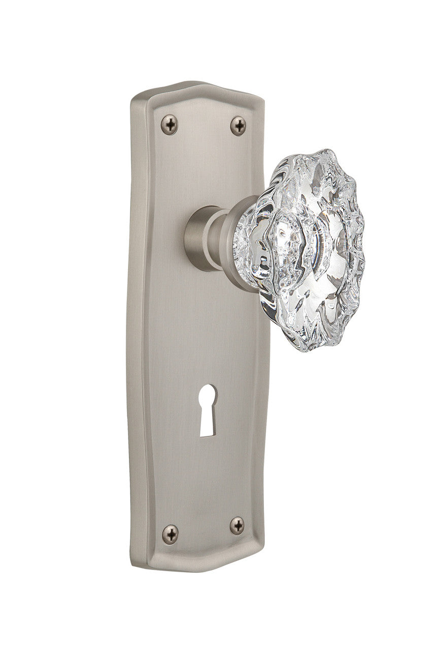 Nostalgic 713996: Prairie Backplate w/Chateau Knob Privacy Door Set - Satin Nickel
