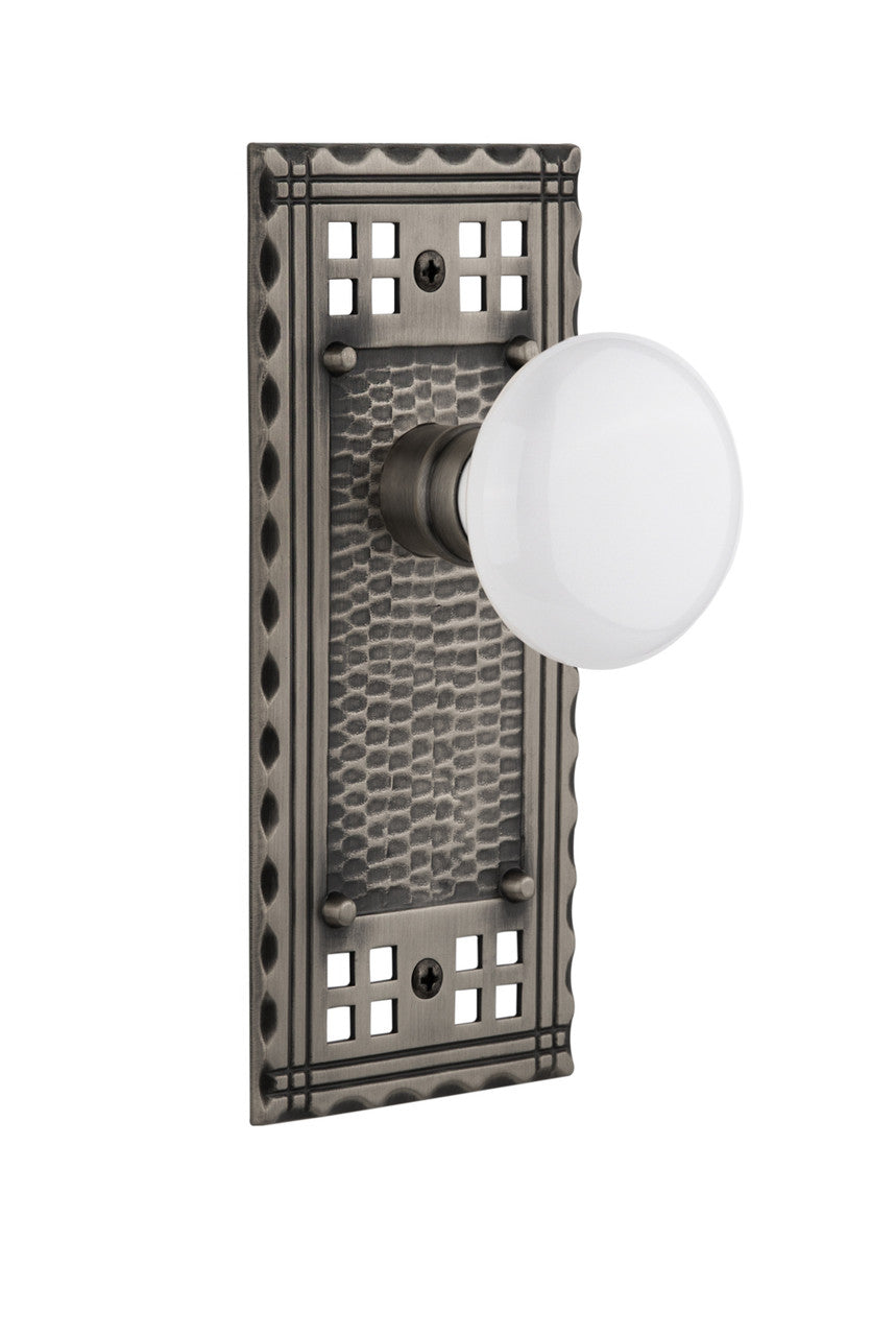 Nostalgic 715259: Craftsman Backplate w/White Porcelain Knob Passage Door Set - Antique Pewter