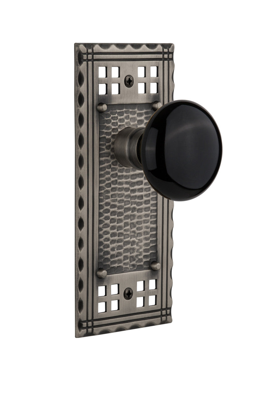 Nostalgic 715263: Craftsman Backplate w/Black Porcelain Knob Passage Door Set - Antique Pewter