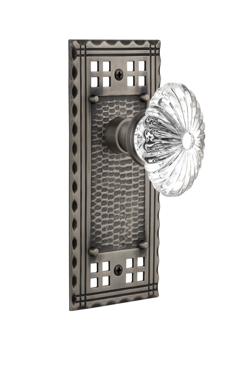 Nostalgic 715275: Craftsman Backplate w/Oval Fluted Clear Glass Crystal Knob Passage Door Set - Antique Pewter