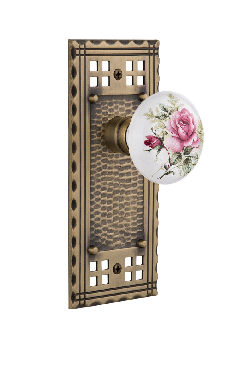 Nostalgic 715278: Craftsman Backplate w/White Rose Porcelain Knob Passage Door Set - Antique Brass