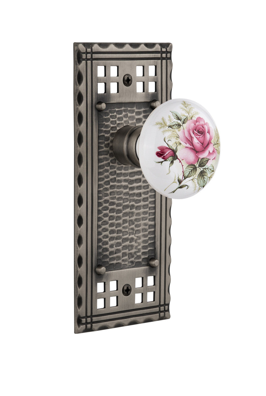 Nostalgic 715279: Craftsman Backplate w/White Rose Porcelain Knob Passage Door Set - Antique Pewter