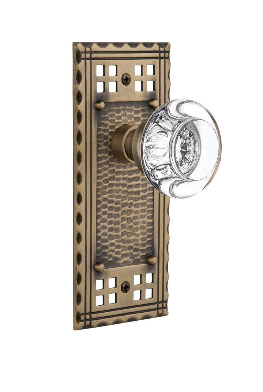 Nostalgic 715282: Craftsman Backplate w/Round Clear Glass Crystal Knob Passage Door Set - Antique Brass