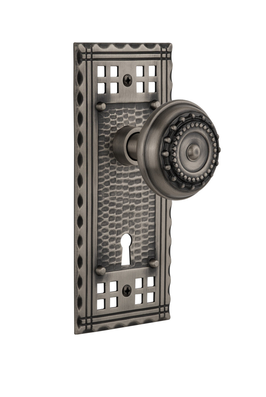 Nostalgic 715307: Craftsman Backplate w/Meadows Knob Passage Door Set - Antique Pewter