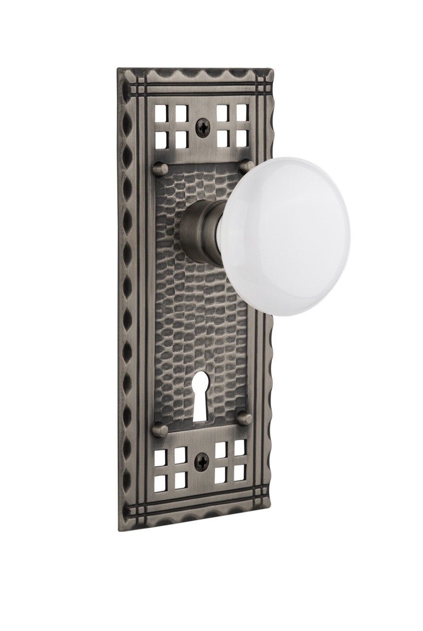 Nostalgic 715323: Craftsman Backplate w/White Porcelain Knob Passage Door Set - Antique Pewter