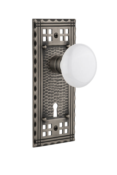 Nostalgic 715323: Craftsman Backplate w/White Porcelain Knob Passage Door Set - Antique Pewter
