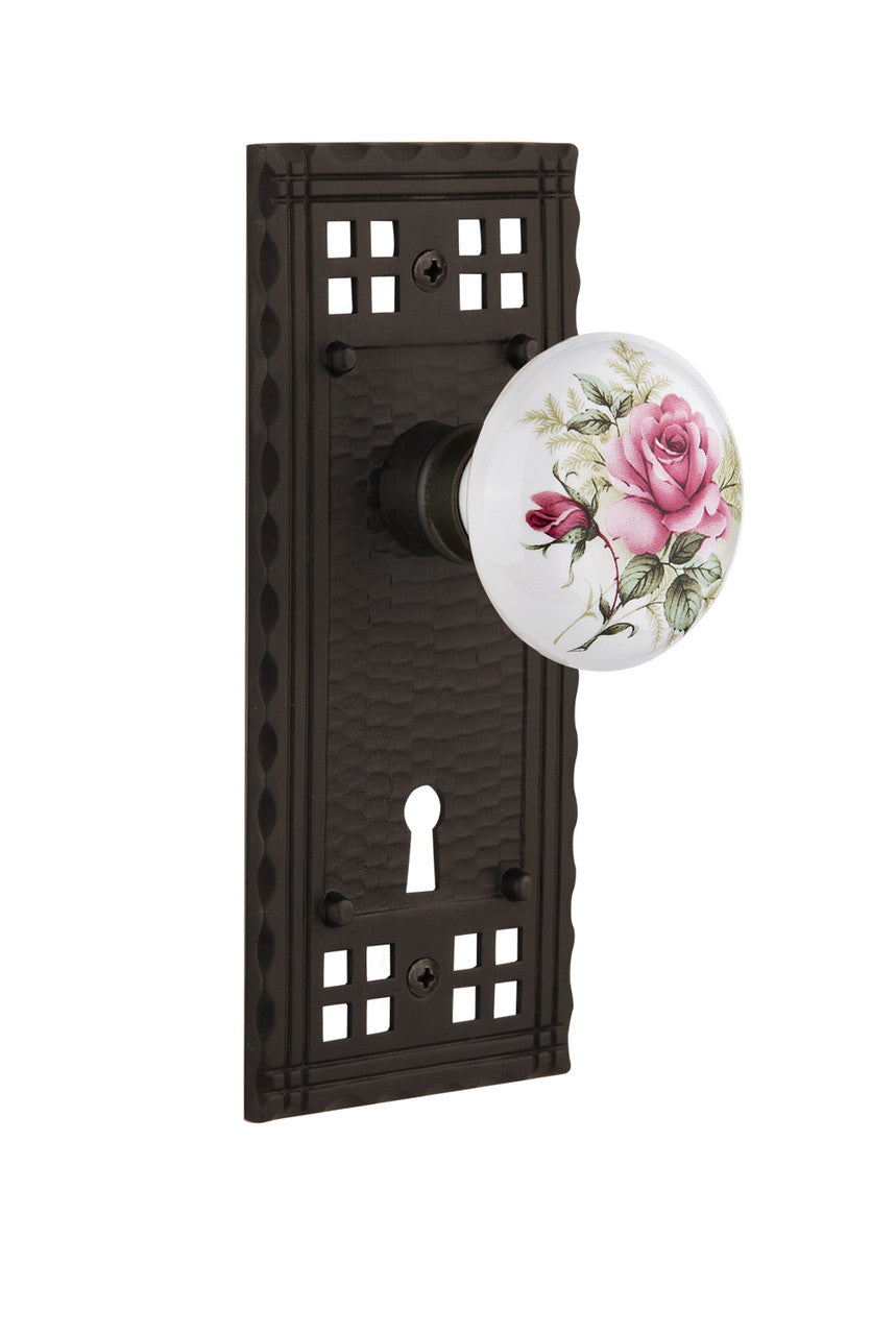 Nostalgic 715344: Craftsman Backplate w/White Rose Porcelain Knob Passage Door Set - Oil-Rubbed Bronze