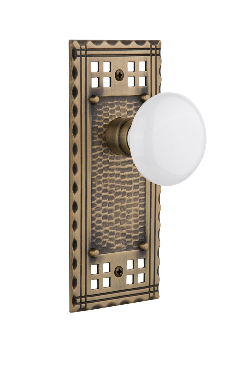 Nostalgic 715386: Craftsman Backplate w/White Porcelain Knob Single Dummy Door Set - Antique Brass