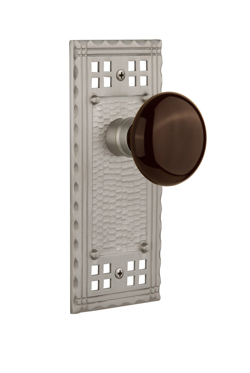 Nostalgic 715397: Craftsman Backplate w/Brown Porcelain Knob Single Dummy Door Set - Satin Nickel