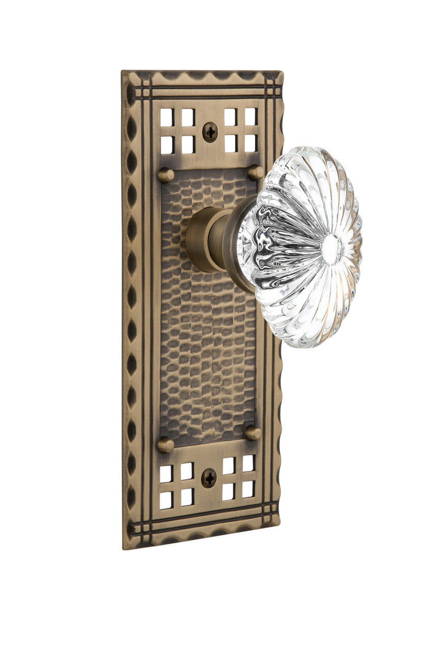 Nostalgic 715402: Craftsman Backplate w/Oval Fluted Clear Glass Crystal Knob Single Dummy Door Set - Antique Brass