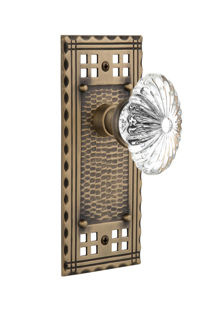 Nostalgic 715402: Craftsman Backplate w/Oval Fluted Clear Glass Crystal Knob Single Dummy Door Set - Antique Brass