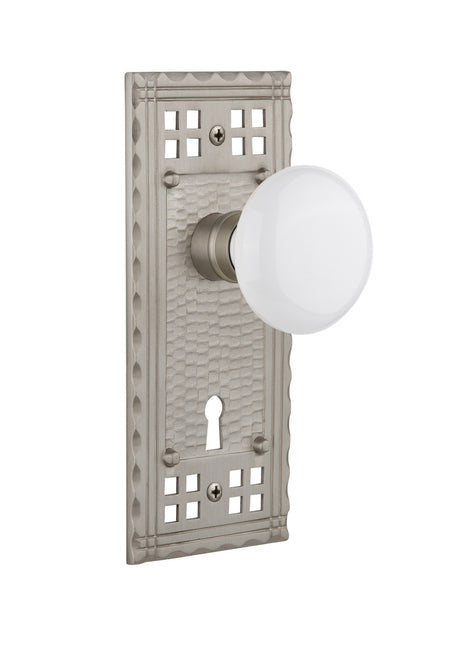 Nostalgic 715453: Craftsman Backplate w/White Porcelain Knob Single Dummy Door Set - Satin Nickel
