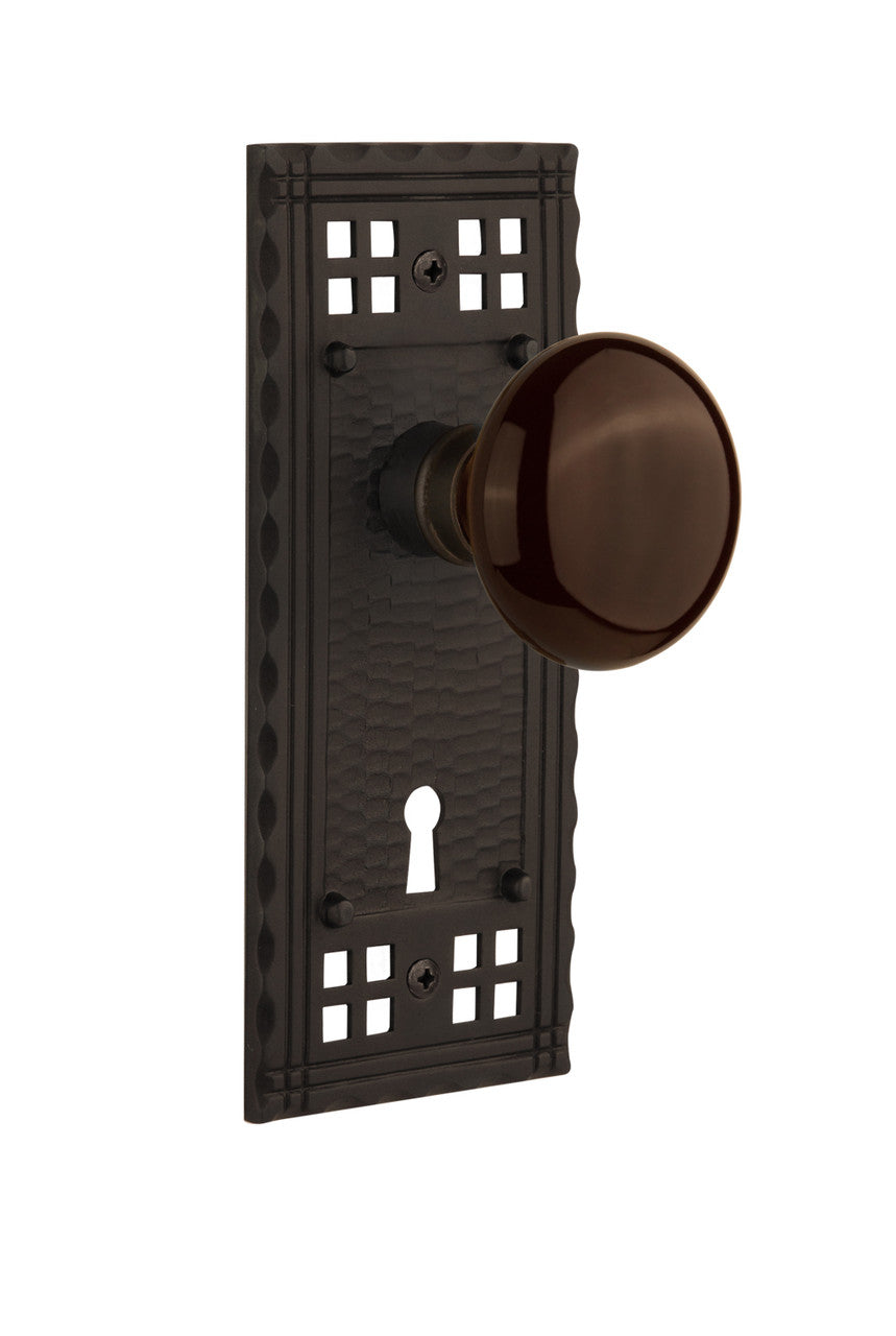 Nostalgic 715460: Craftsman Backplate w/Brown Porcelain Knob Single Dummy Door Set - Oil-Rubbed Bronze