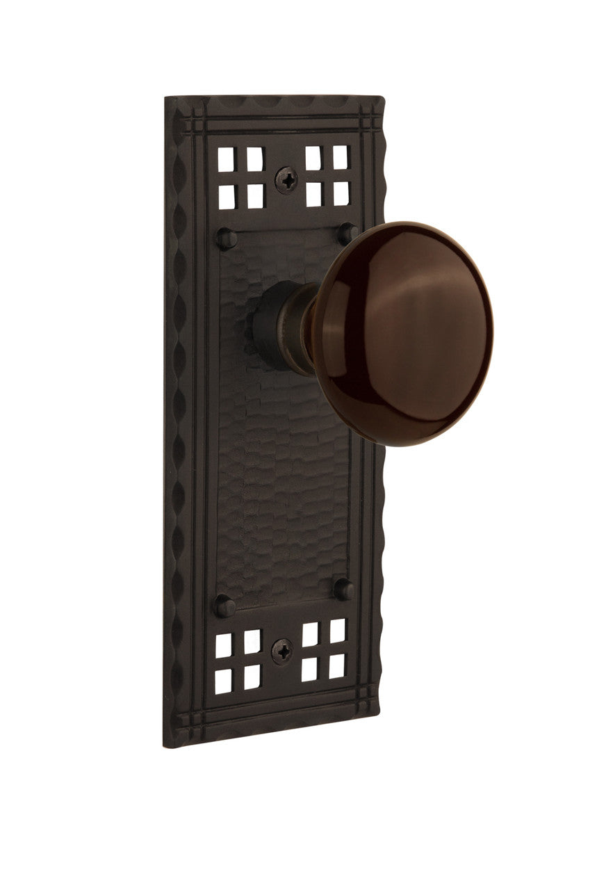 Nostalgic 715652: Craftsman Backplate w/Brown Porcelain Knob Privacy Door Set - Oil-Rubbed Bronze