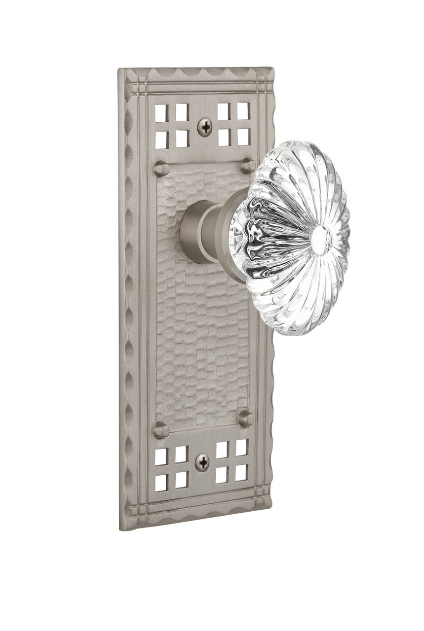 Nostalgic 715661: Craftsman Backplate w/Oval Fluted Clear Glass Crystal Knob Privacy Door Set - Satin Nickel