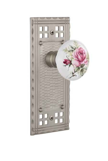 Nostalgic 715665: Craftsman Backplate w/White Rose Porcelain Knob Privacy Door Set - Satin Nickel