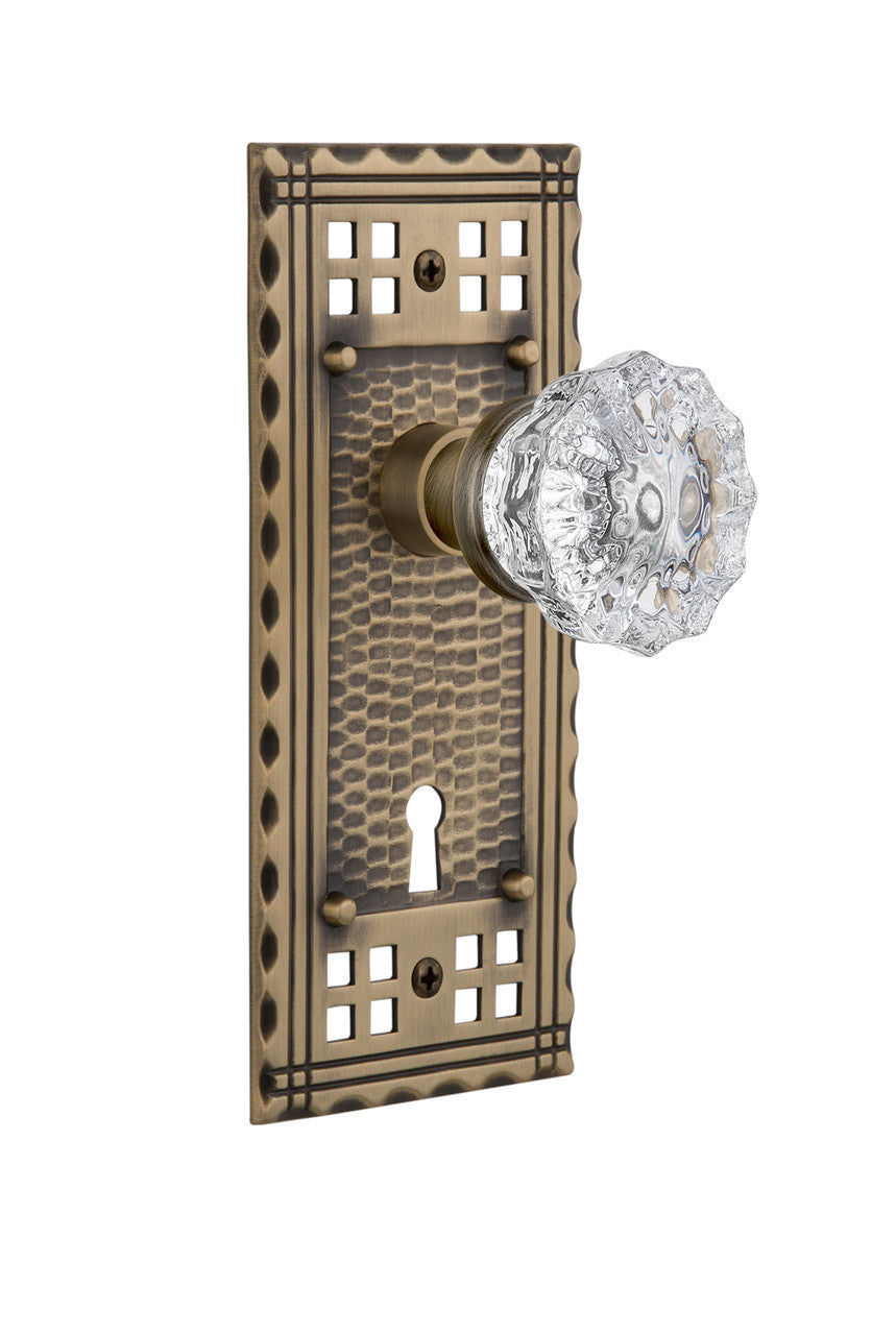 Nostalgic 715678: Craftsman Backplate w/Clear Crystal Glass Knob Privacy Door Set - Antique Brass