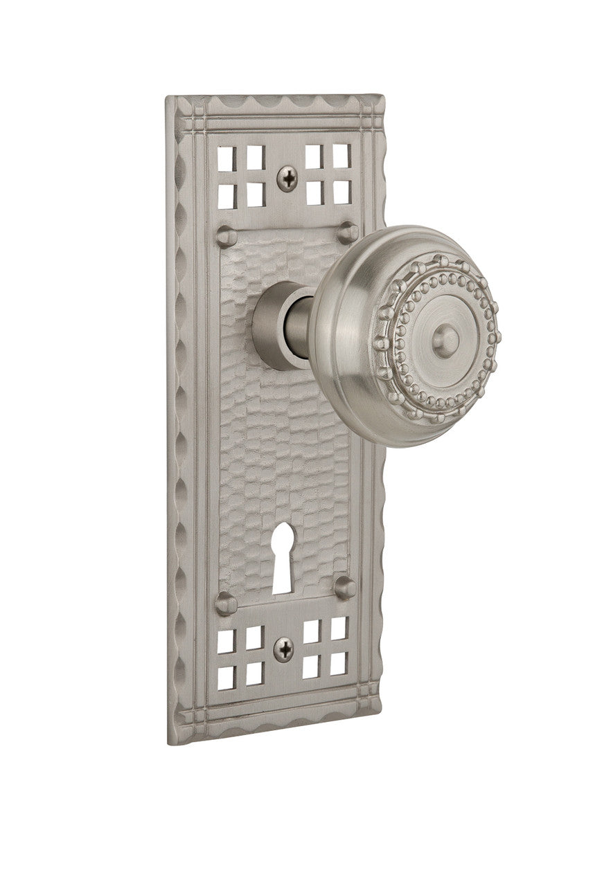Nostalgic 715693: Craftsman Backplate w/Meadows Knob Privacy Door Set - Satin Nickel