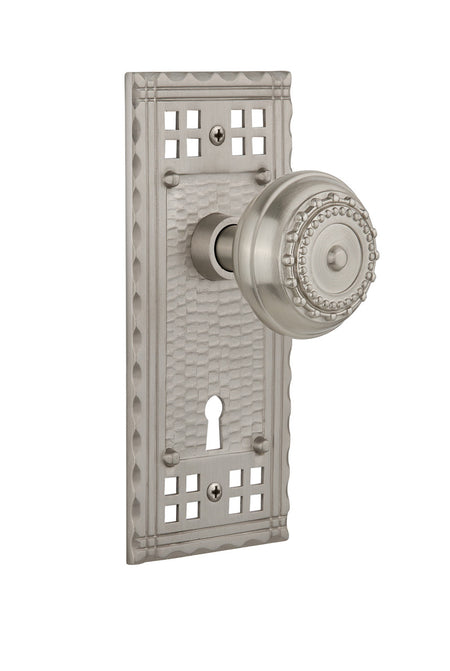 Nostalgic 715693: Craftsman Backplate w/Meadows Knob Privacy Door Set - Satin Nickel