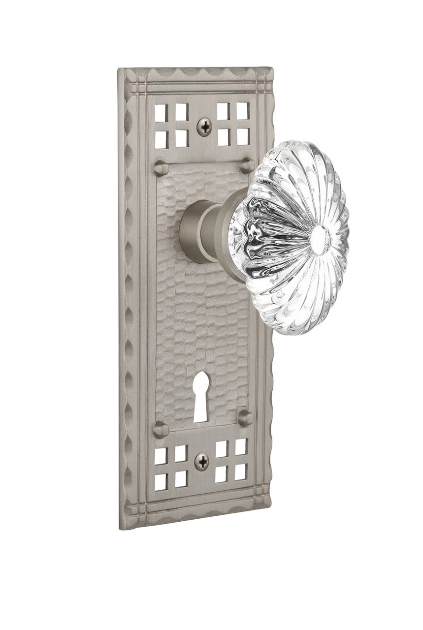 Nostalgic 715725: Craftsman Backplate w/Oval Fluted Clear Glass Crystal Knob Privacy Door Set - Satin Nickel