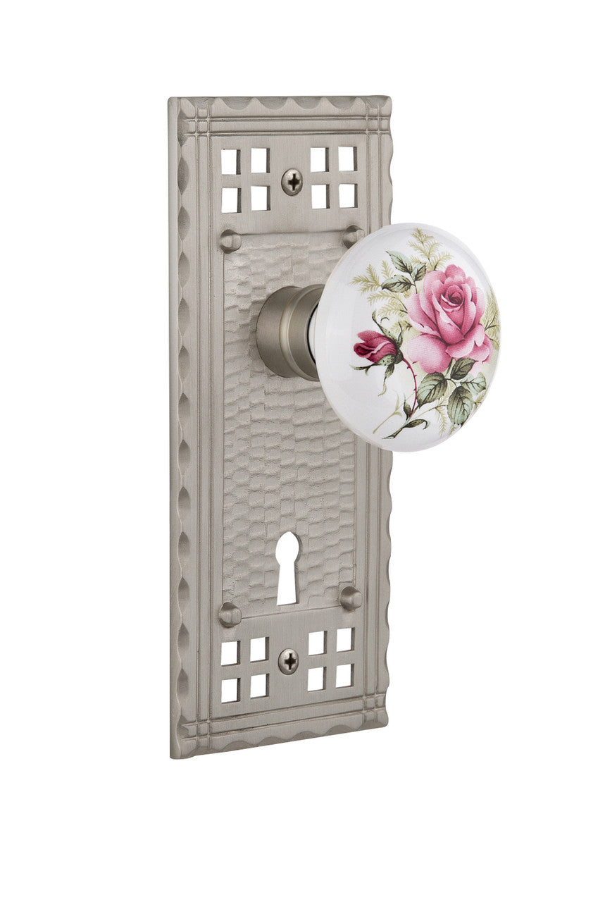 Nostalgic 715729: Craftsman Backplate w/White Rose Porcelain Knob Privacy Door Set - Satin Nickel
