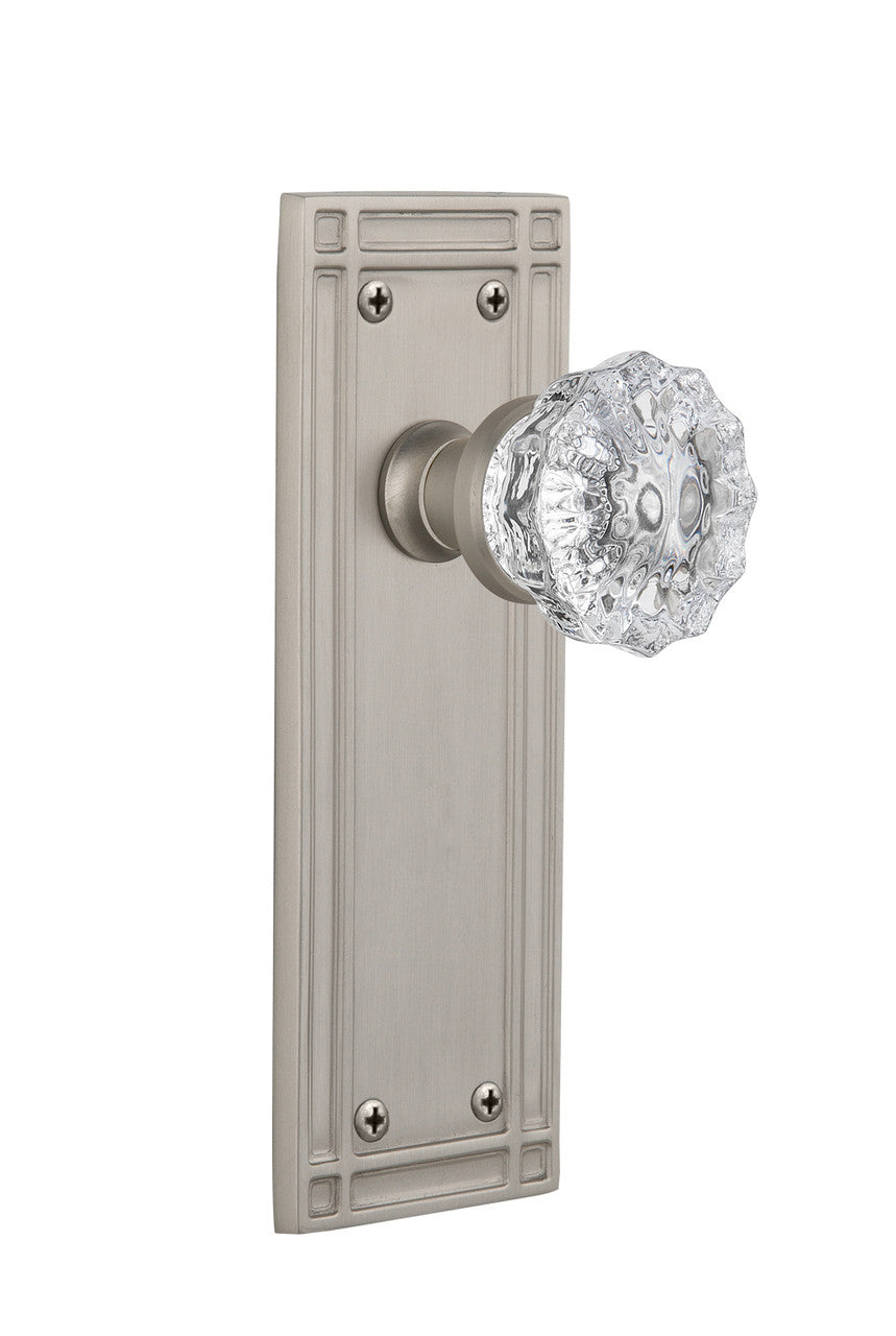 Nostalgic 715809: Mission Backplate w/Clear Crystal Glass Knob Passage Door Set - Satin Nickel