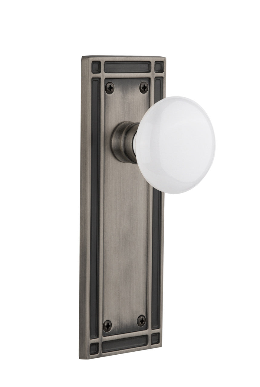 Nostalgic 715835: Mission Backplate w/White Porcelain Knob Passage Door Set - Antique Pewter
